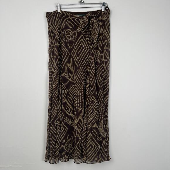 Lauren Ralph Women’s 14 Cape Grace Tanzanian Brown Ruffle Silk Skirt Tie African - Picture 1 of 8